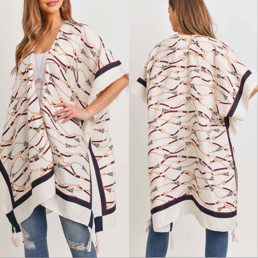 CHAIN LINKS PRINTED KIMONO BIKINI COVER UP  with TASSEL  - ECRU CREAM